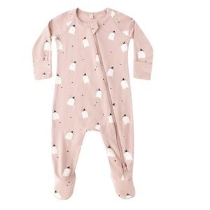 Quincy Mae Bamboo Zip Footie in the "Pink Ghosts" print on a blush hue.